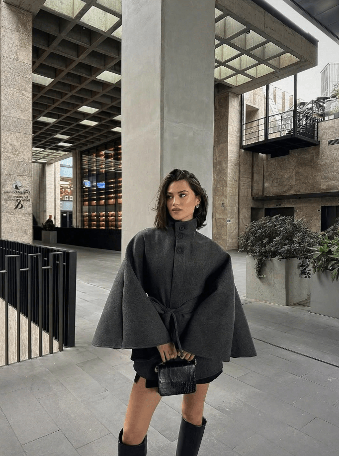 Belted High Neck Cape Jacket