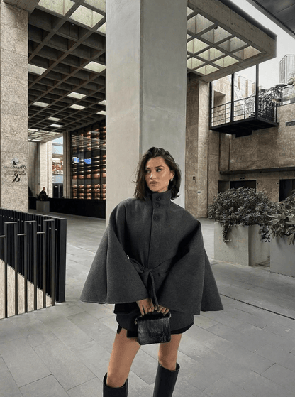Belted High Neck Cape Jacket