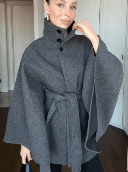 Belted High Neck Cape Jacket