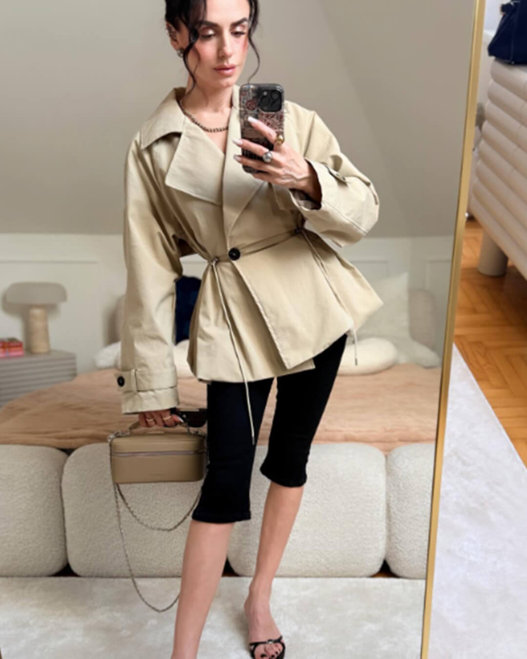 Trench-coat à col à revers et cordon de serrage