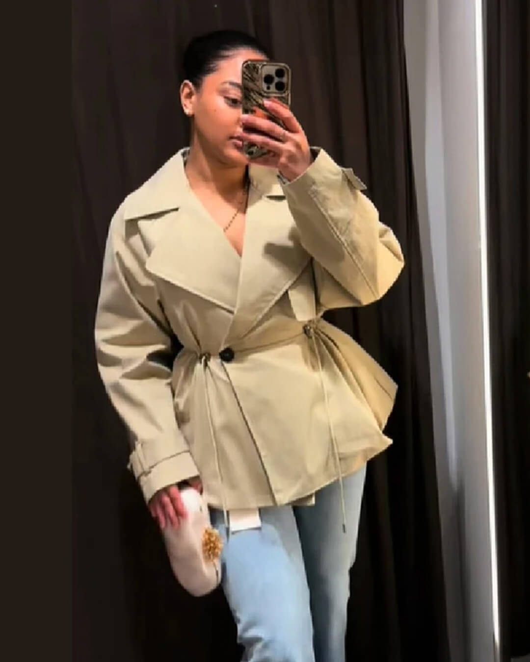 Trench-coat à col à revers et cordon de serrage