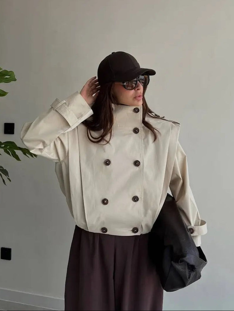 Tailored Pleated High Collar Trench Coat