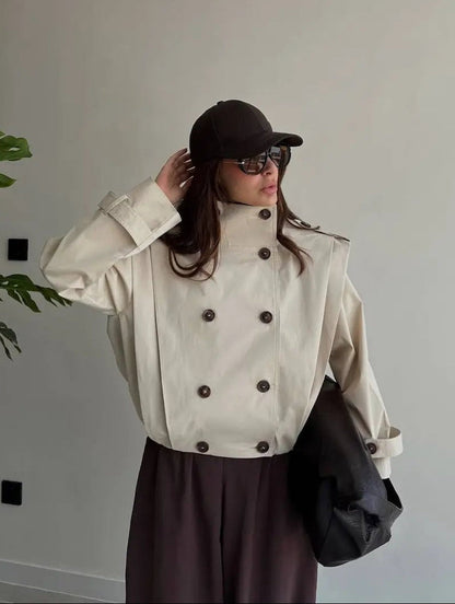 Tailored Pleated High Collar Trench Coat