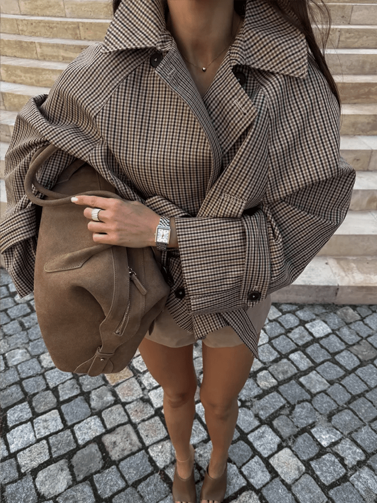 Plaid Funnel Collar Trench Coat
