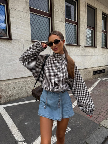 Plaid Drawstring High Neck Jacket