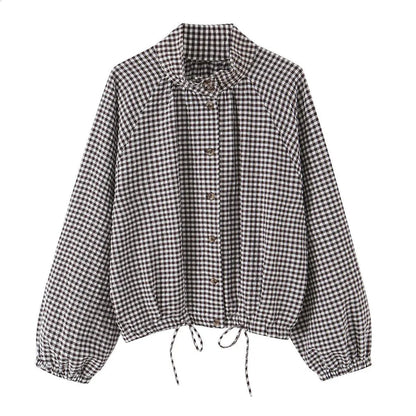 Plaid Drawstring High Neck Jacket