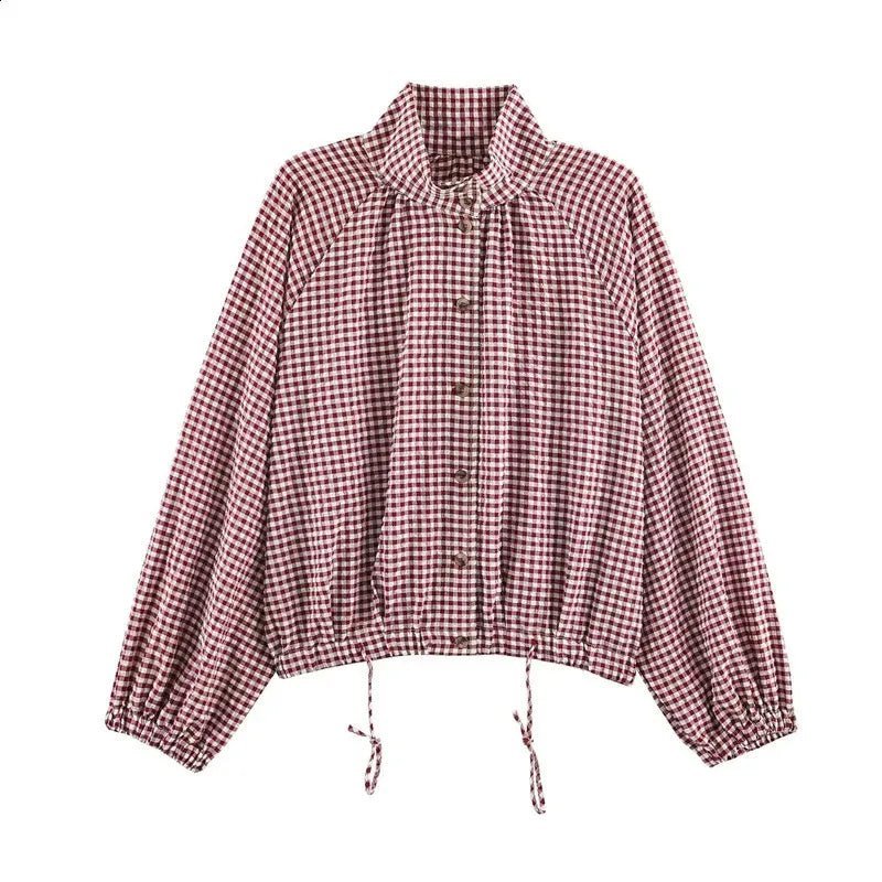 Plaid Drawstring High Neck Jacket