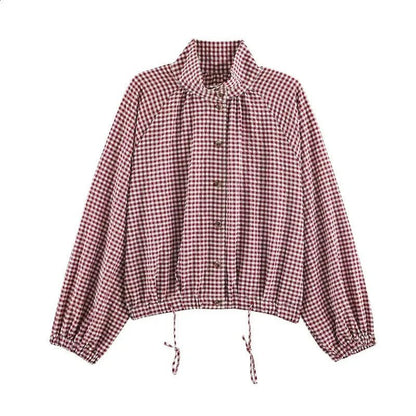 Plaid Drawstring High Neck Jacket