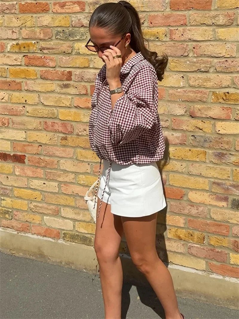 Plaid Drawstring High Neck Jacket