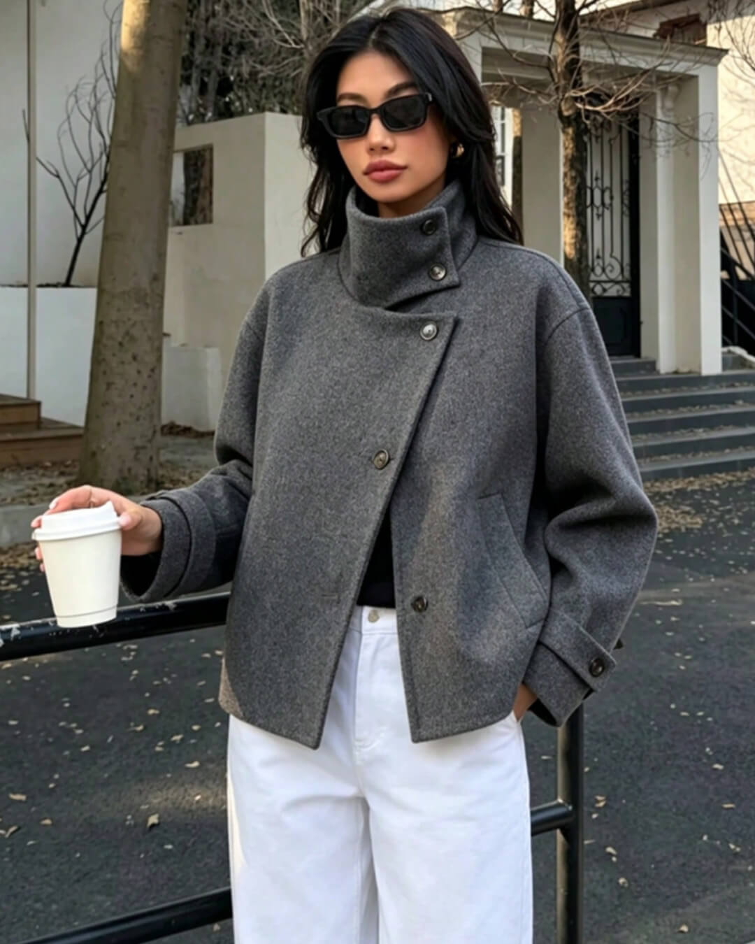 Rose Buckle Stand Collar Coat