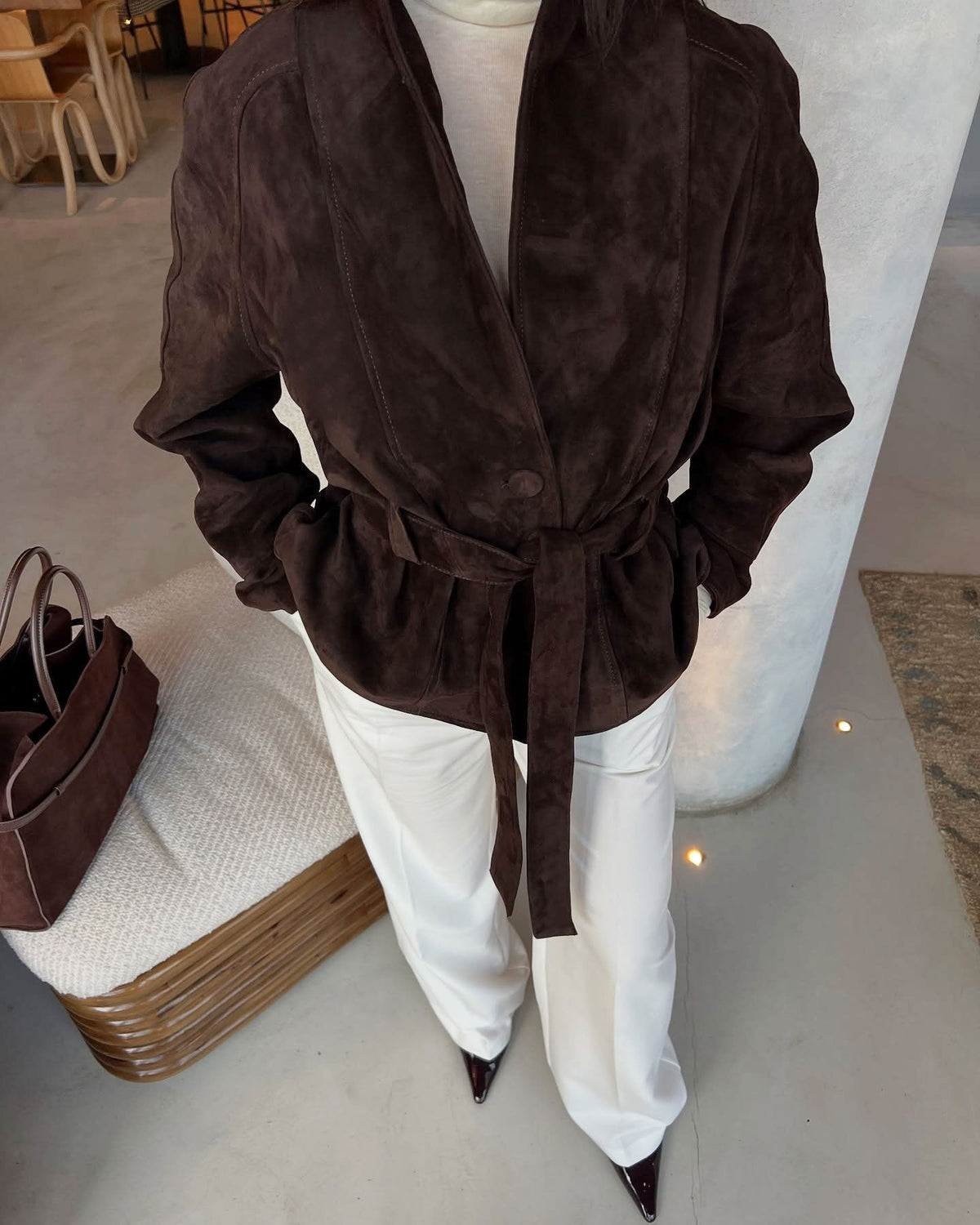 Belted Faux Suede Trench Coat
