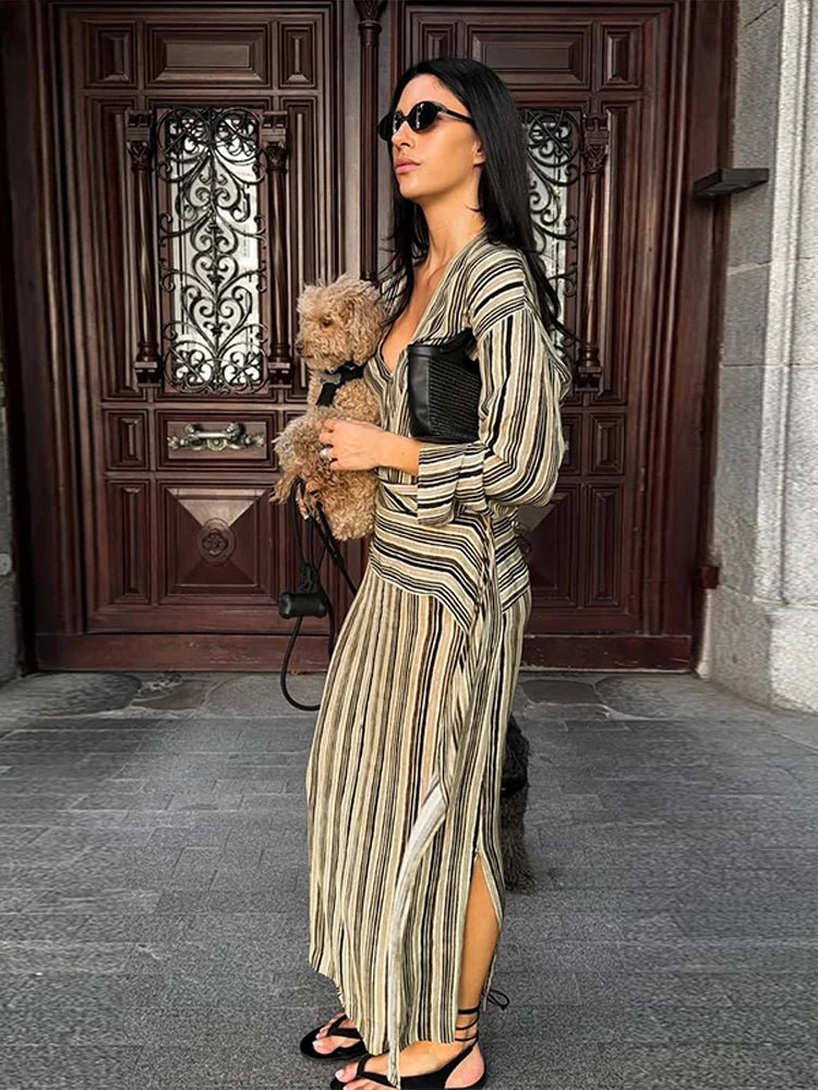 Elegant Striped Maxi V-Neck Dress