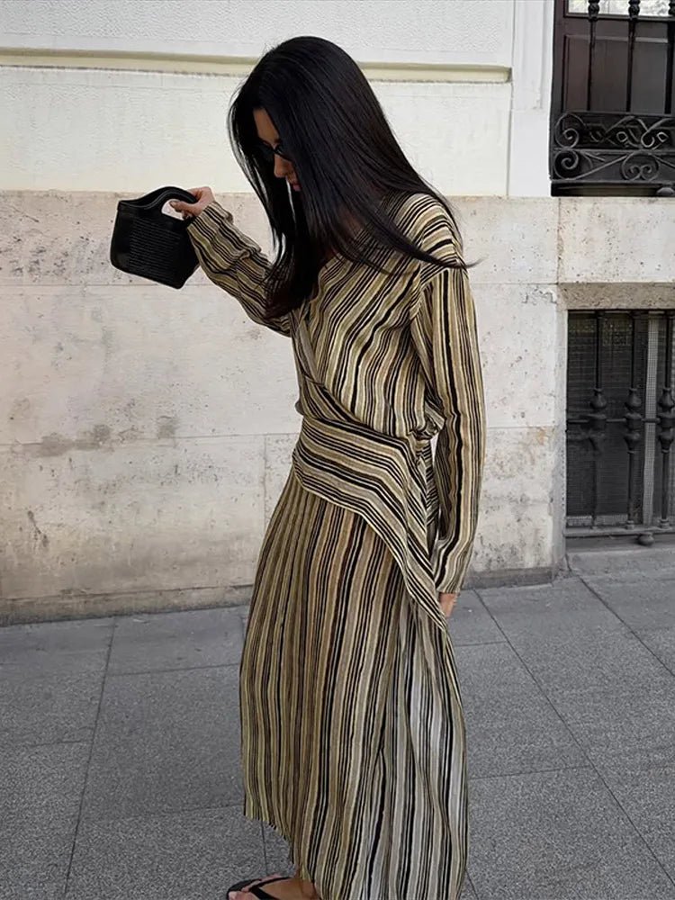 Elegant Striped Maxi V-Neck Dress