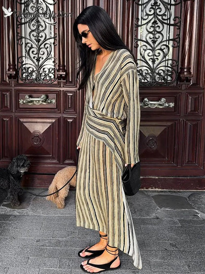 Elegant Striped Maxi V-Neck Dress
