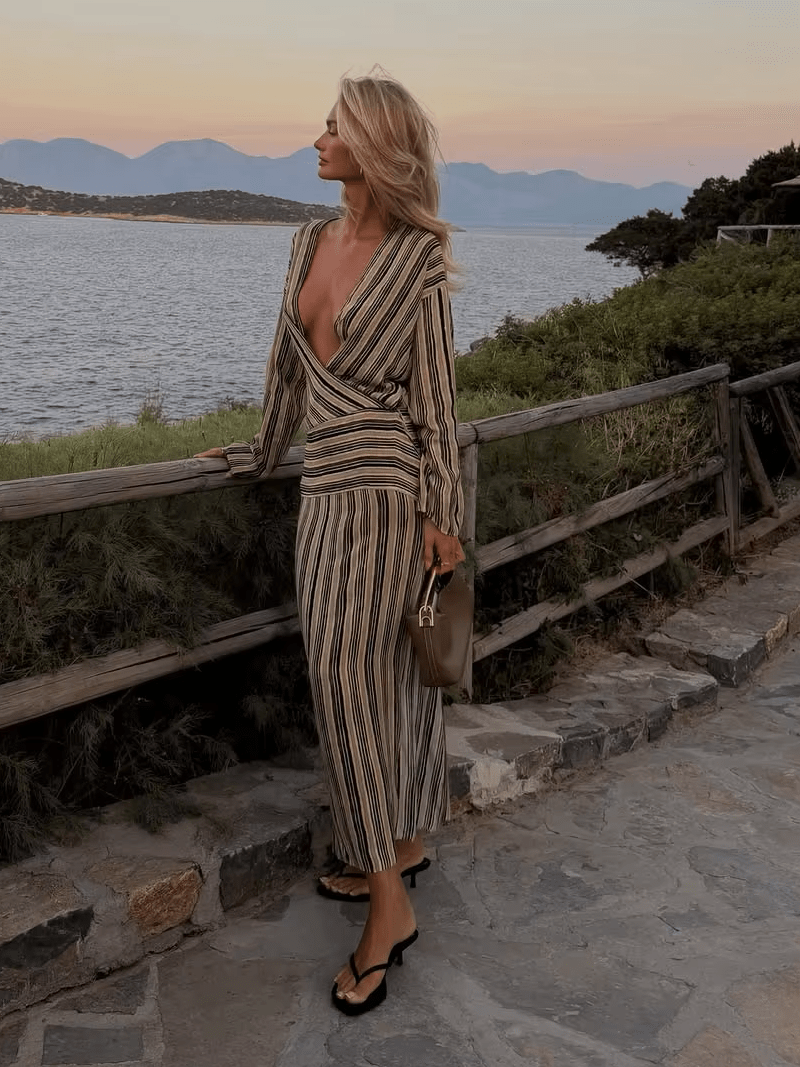 Elegant Striped Maxi V-Neck Dress