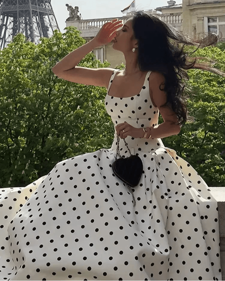 Klassisches Polka-Dot Midi-Kleid mit quadratischem Ausschnitt