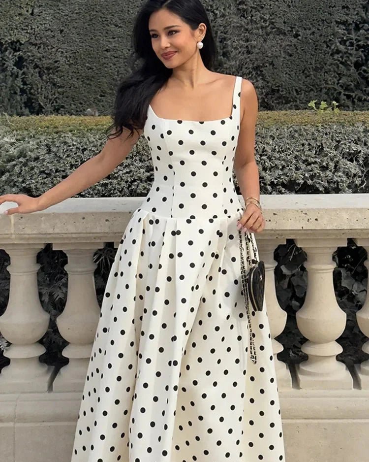 Klassisches Polka-Dot Midi-Kleid mit quadratischem Ausschnitt