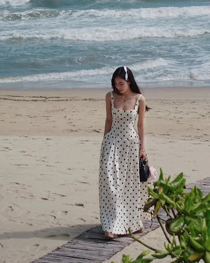 Klassisches Polka-Dot Midi-Kleid mit quadratischem Ausschnitt