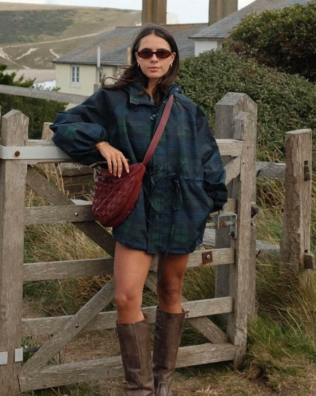 Stylish Oversized Plaid Lace-Up Jacket