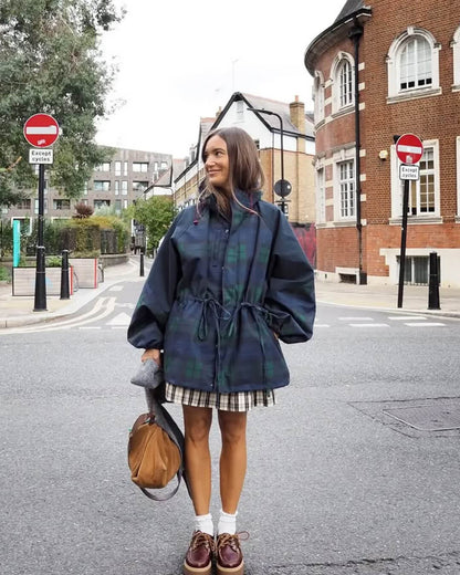 Stylish Oversized Plaid Lace-Up Jacket