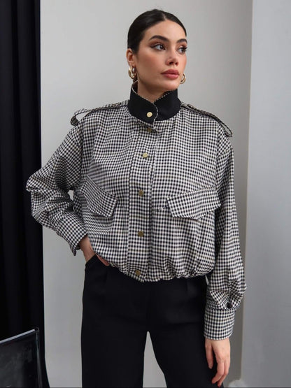 Stylish High Neck Checked Bomber Jacket