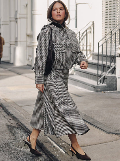 Stylish High Neck Checked Bomber Jacket