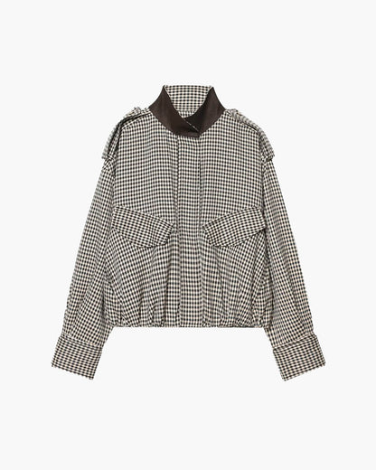 Stylish High Neck Checked Bomber Jacket