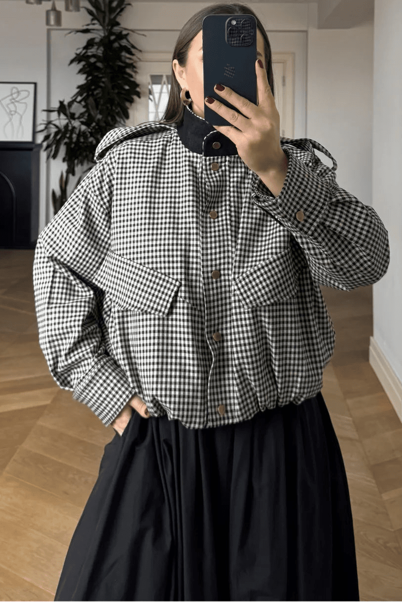 Stylish High Neck Checked Bomber Jacket