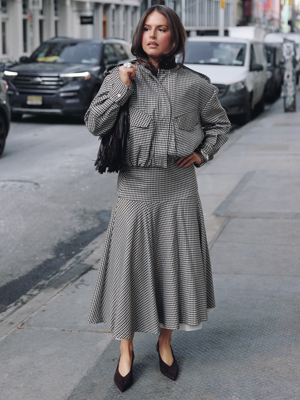 Stylish High Neck Checked Bomber Jacket
