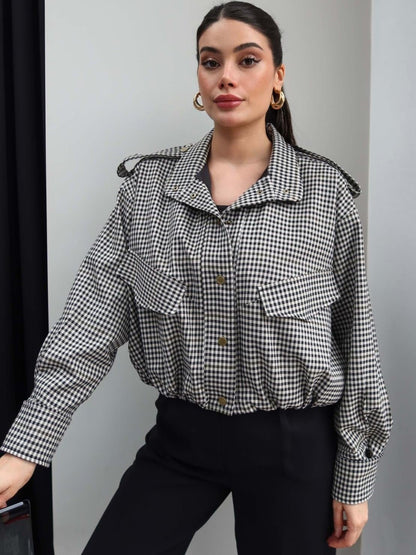 Stylish High Neck Checked Bomber Jacket