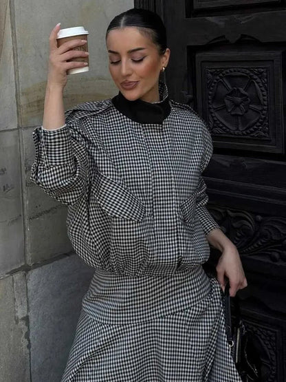 Stylish High Neck Checked Bomber Jacket