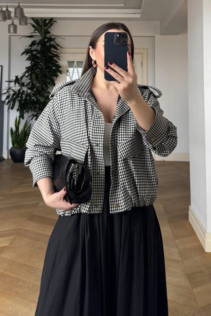 Stylish High Neck Checked Bomber Jacket