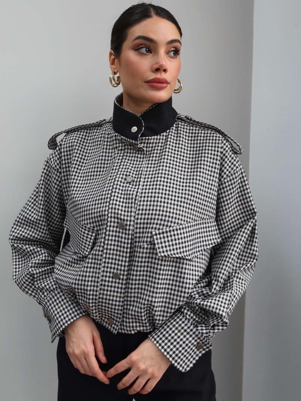 Stylish High Neck Checked Bomber Jacket