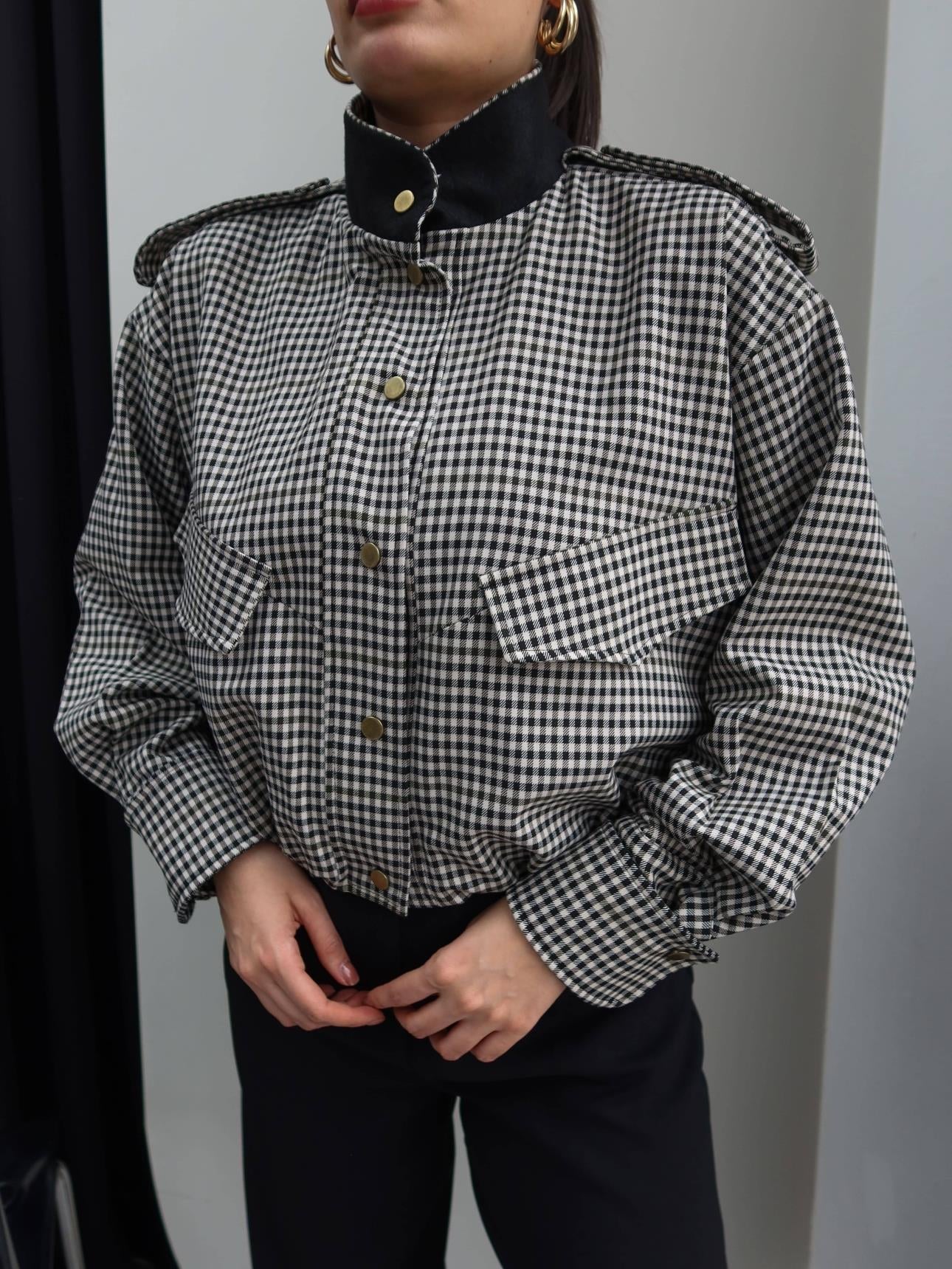 Stylish High Neck Checked Bomber Jacket
