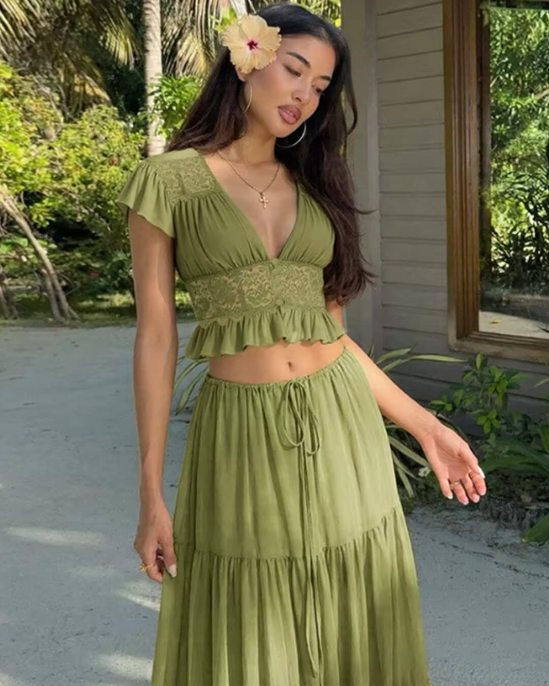 Ella Lace Crop Top Chiffon Two-Piece Set