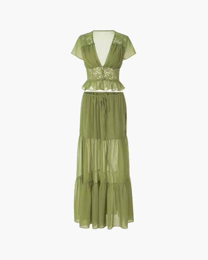 Ella Lace Crop Top Chiffon Two-Piece Set