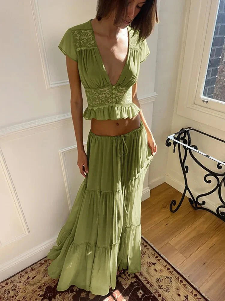 V-Neck Lace Crop Top Chiffon Two-Piece Set