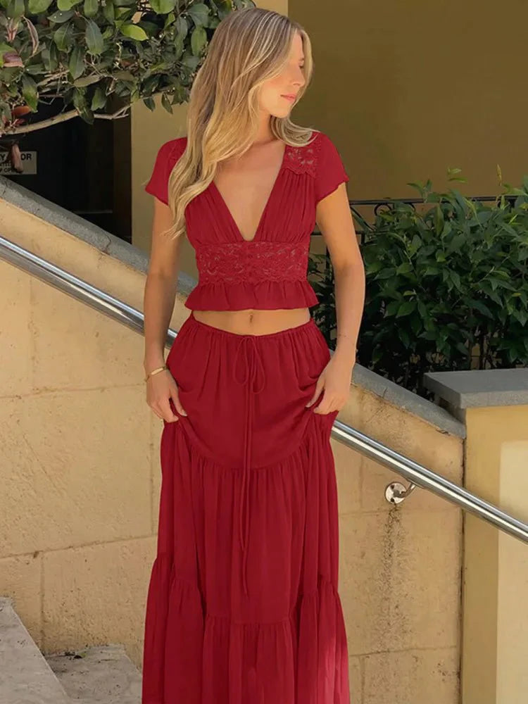 V-Neck Lace Crop Top Chiffon Two-Piece Set