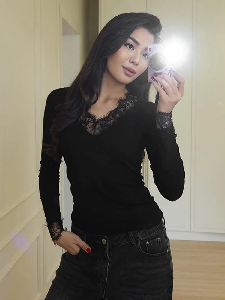 Langarm-Spitzen-V-Ausschnitt Casual Top