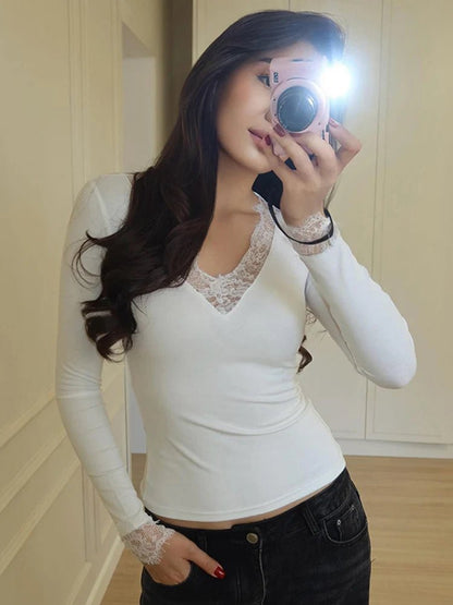 Langarm-Spitzen-V-Ausschnitt Casual Top