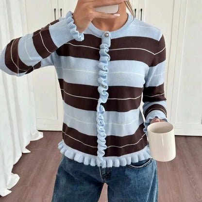 Striped Ruffle Cuff Knit Pullover
