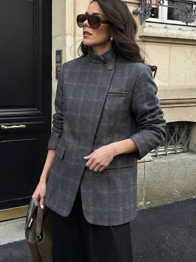 Blazer chic à carreaux col montant