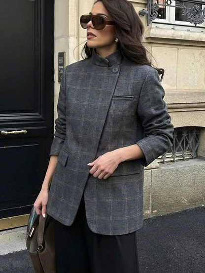 Blazer chic à carreaux col montant
